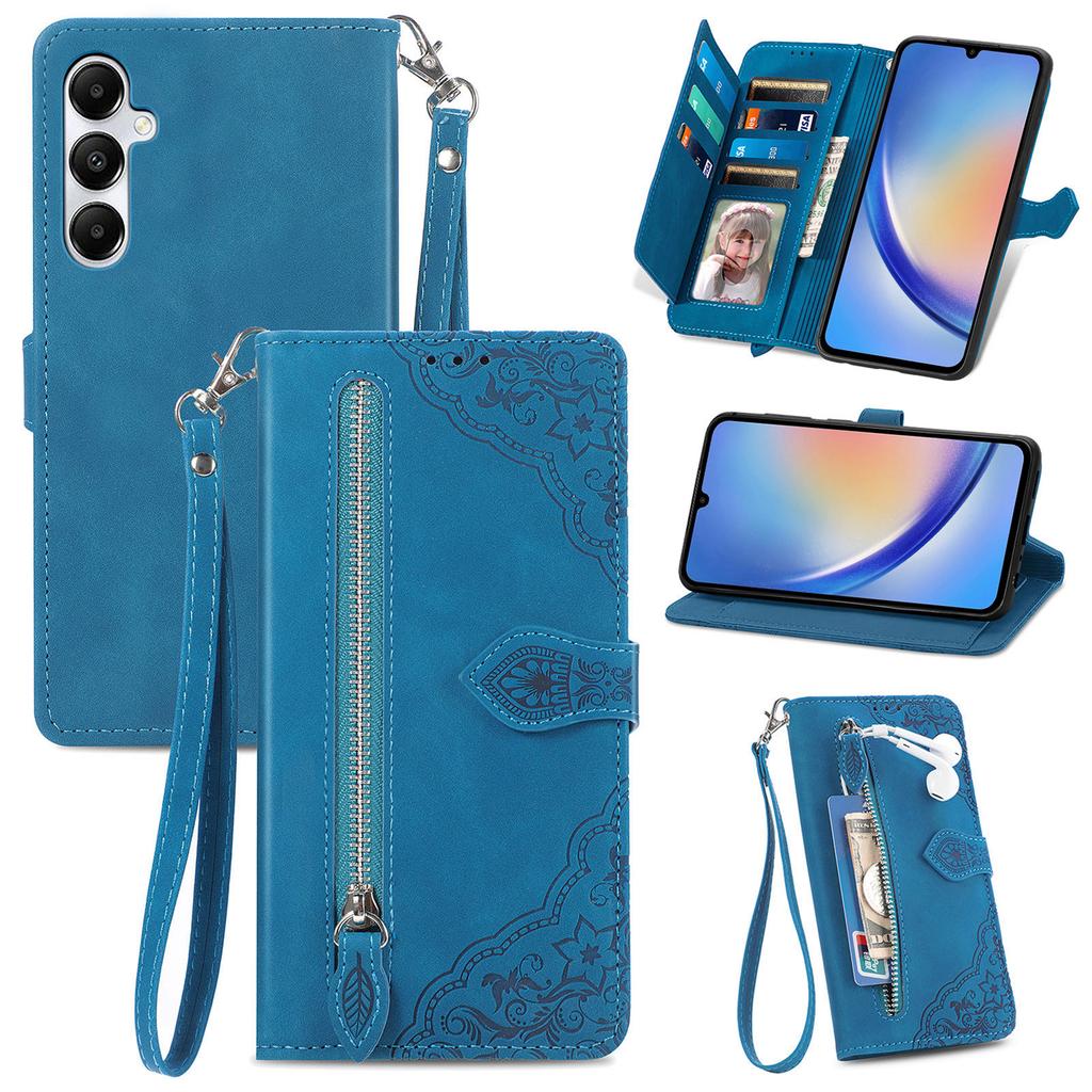 For Samsung Galaxy A15 4G/A15 5G Zipper Wallet Case with Strap Flower Imprint PU Leather Phone Cover
