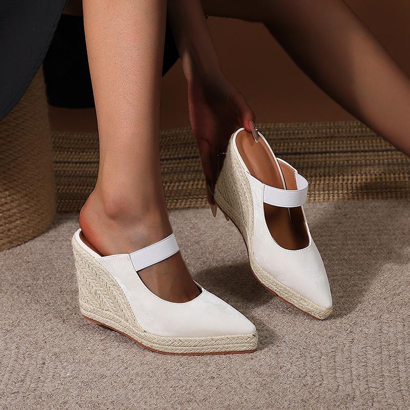 Pantofole da Casa alla Moda Scarpe con Plateau Punta Appuntita Tacchi da Donna a Zeppa Med Morbide Copertura Alta Cinturino con Fibbia Tessuto Elastico TPR Quadrato Sexy