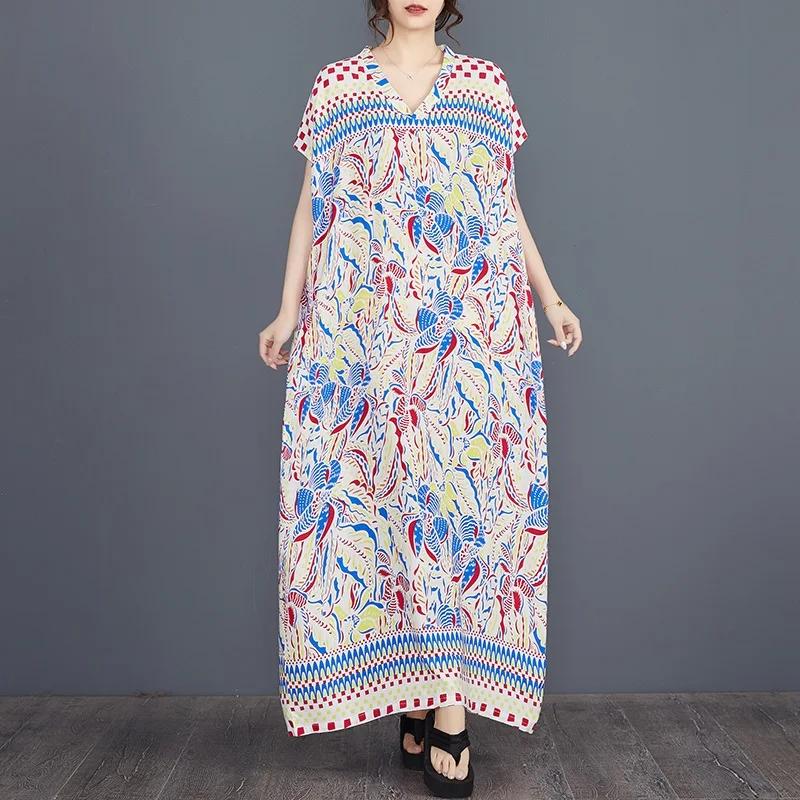 Mânecă scurtă, marime mare, satin de bumbac, vintage, floral, nou în rochii pentru femei, lejer, lejer, rochie maxi lungă de vară