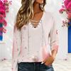 Women Plus Size Soft Pearl Bubble Print Lace Up V Neck Long Sleeve Fashion Casual Top