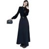 Women's Petite Black Long Sleeve Hepburn-Style Dress for Autumn/Winter, Half High Neck, High-End Feel.