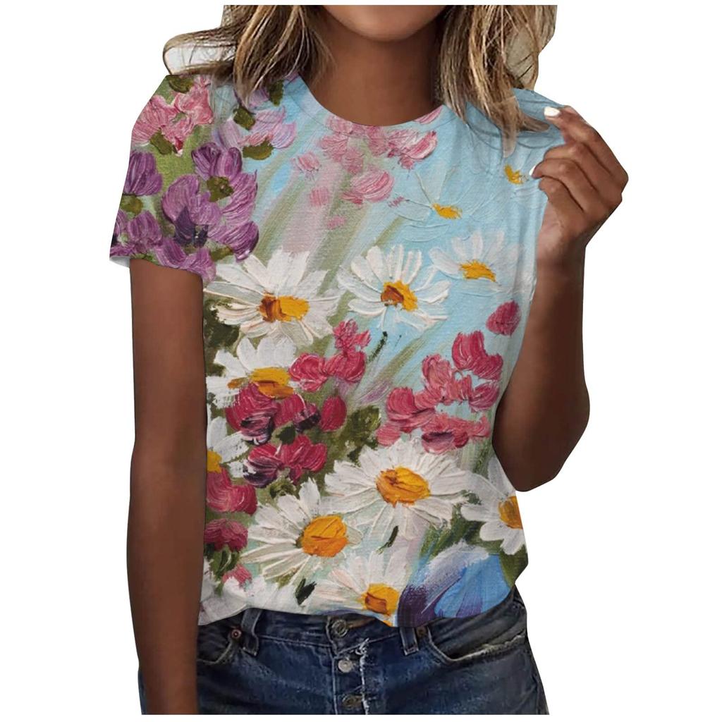 Women's T-shirt dandelion flower 3D printed casual round neck short sleeved T-shirt