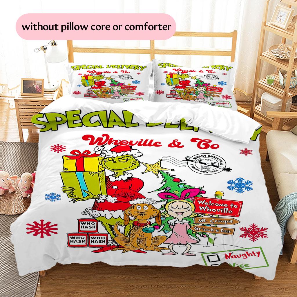 1PC Grinch Pattern Bedding Quilt Set Quilt Cover Pillowcase Home Decoration Birthday Gift (1 * Duvet Cover + 2 * Pillowcase, Without Core)