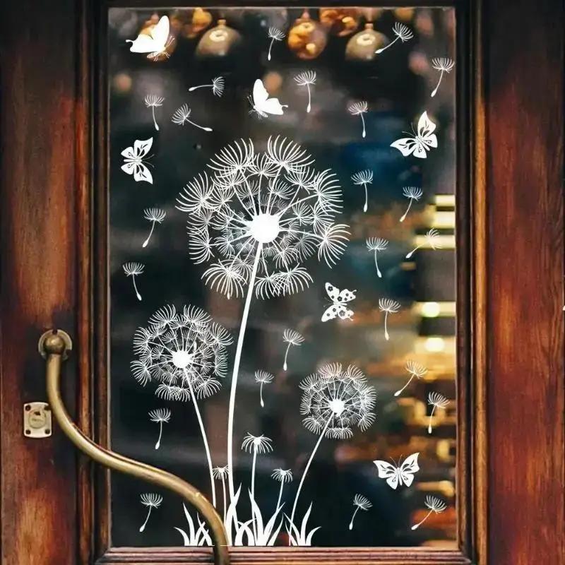 

New Christmas Home Decor Wallpaper White Dandelion Butterfly Electrostatic Wall Sticker Glass Window Double Sided Pattern Decals