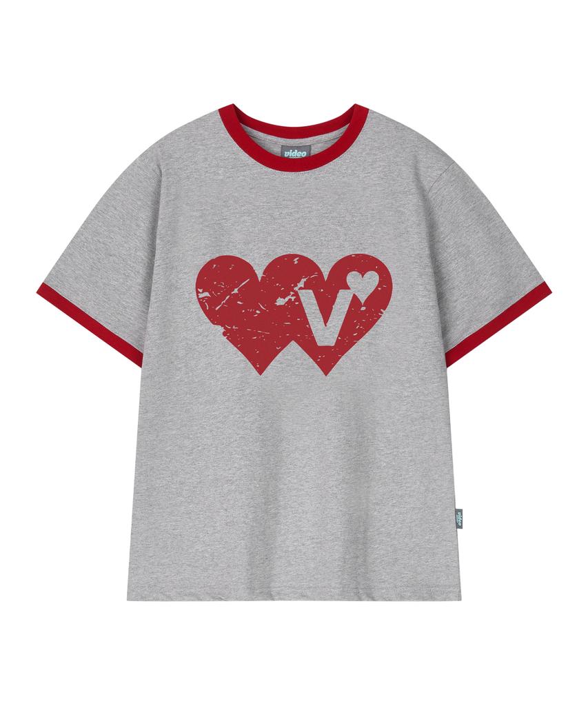 VIDEO JOCKEY Double Heart Ringer T-Shirt [Melange Gray]