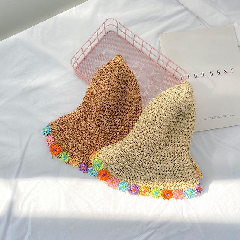 Hyunya Colored Flower Edge Foldable Straw Hat Women's Summer Sun Hat Small Fresh Beach Hat Seaside Vacation Sun Protection