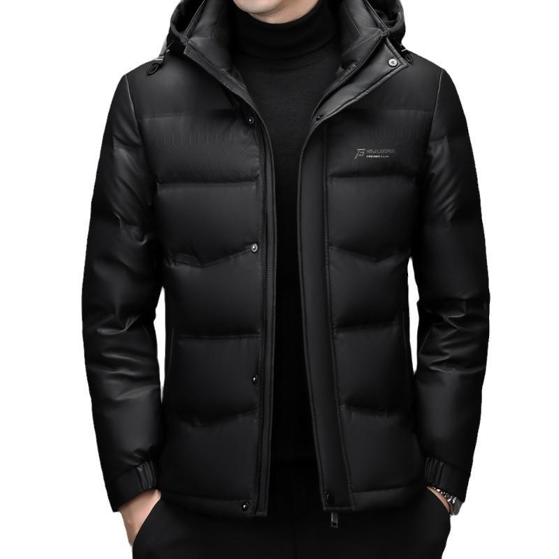 Winter Haining leather leather jacket men's middle-aged down jacket leather jacket hooded casual jacket piled and thickened