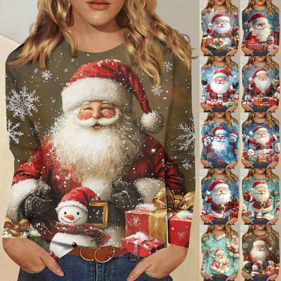 Damenmode, lässig, langärmelig, weihnachtlich bedruckt, Rundhals-T-Shirt