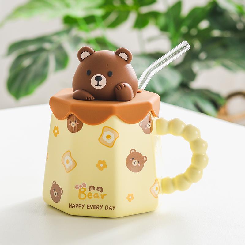 400ml Cartoon Ceramic Mug With Lid and Spoon Creative Cute Coffee Milk Tea Breakfast Cup Drinkware Novelty Gifts