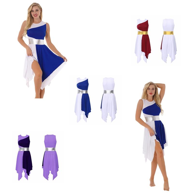Womens Stage Performance Dress Sleeveless Color Block Gown with Unique Hem Detail Round Neckline for Formal Dance Events