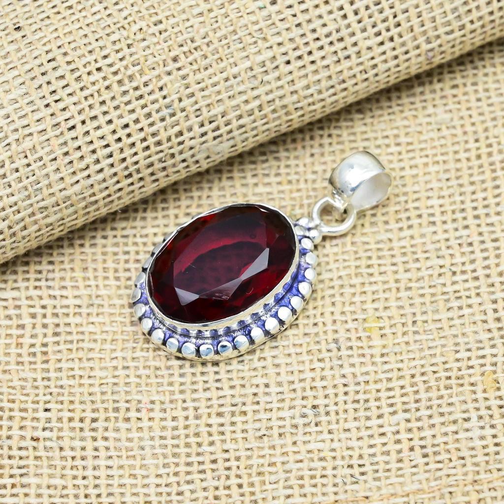 Grenat Rouge Pierre Précieuse Argent Sterling Massif 925 Fait Main Bijou Antique Cadeau Pour Mère Pendentif