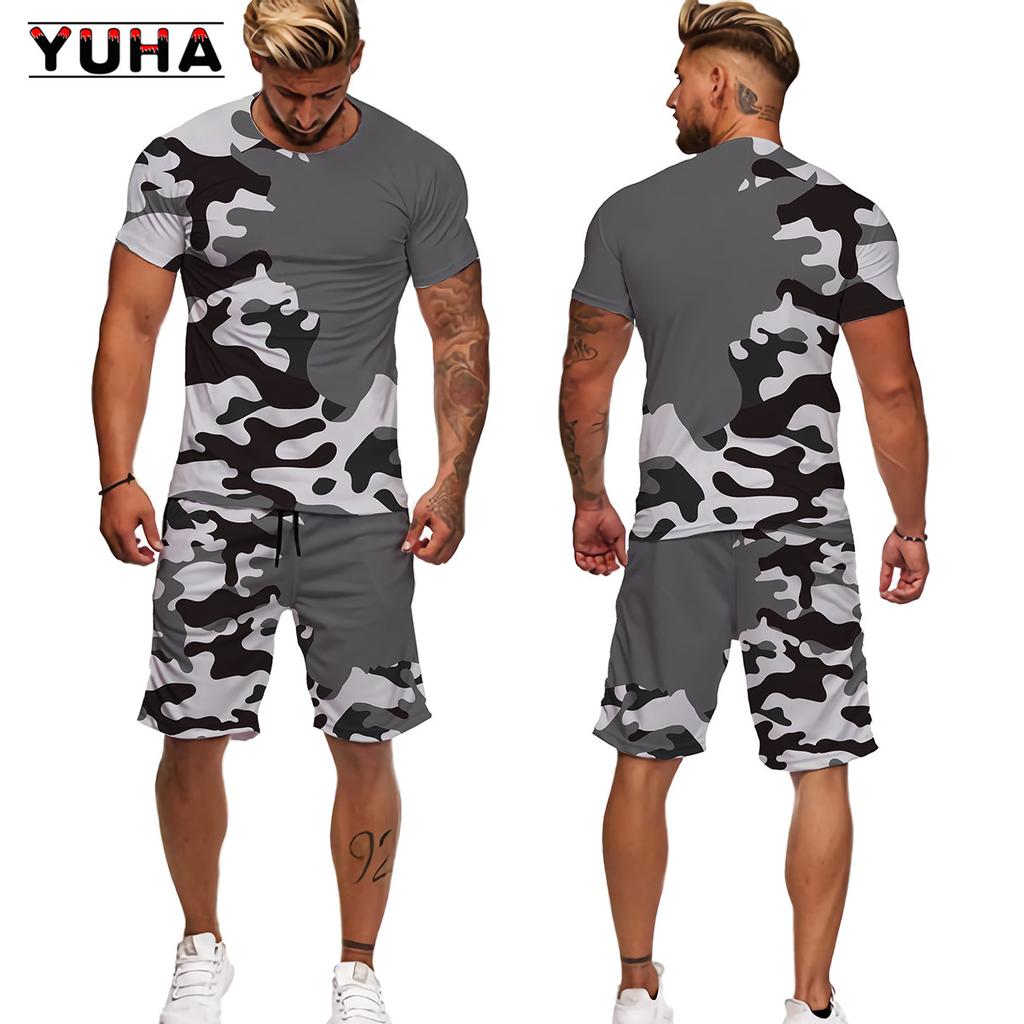 YUHA 2022 Summer Camouflage Tees/Shorts/Suits Men's T Shirt Shorts Tracksuit Sport Style Outdoor Camping Hunting Casual Mens Clo