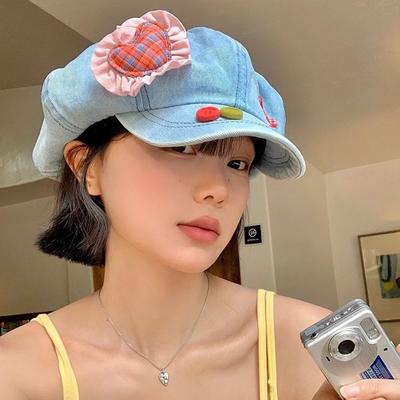 2025 Japanese Button Denim Beret Women's Summer Sweet and Cute Sunshade Love Cloud Octagonal Hat