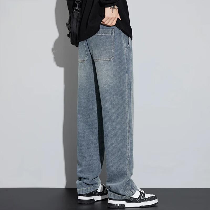 PLAYBOY Men's Denim Jeans Spring Autumn Loose Straight Leg American Style Drawstring Casual Pants Vintage Blue XL