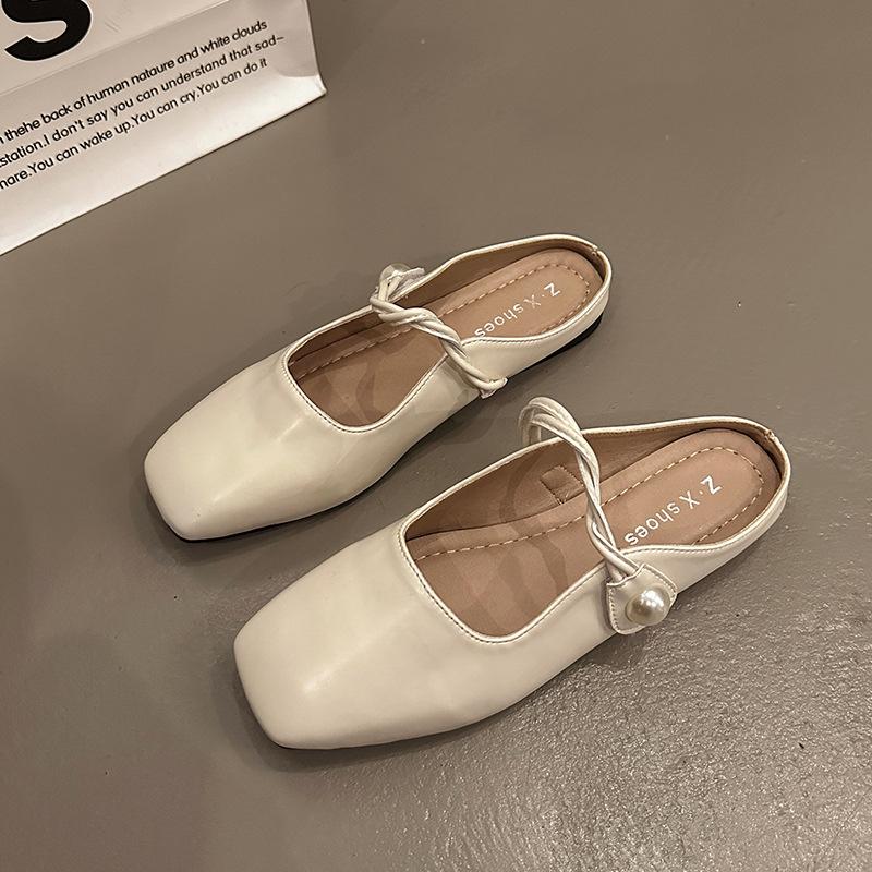 French gentle half slippers flat shoes women's bag head one pedal soft sole silver Mary Jane women's shoes temperament one word
