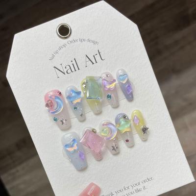 Unhas artificiais feitas à mão, mocha, diamante, sonho, estrela, lua, macaron, dopamina, doce, fototerapia, unhas reutilizáveis ​​e removíveis