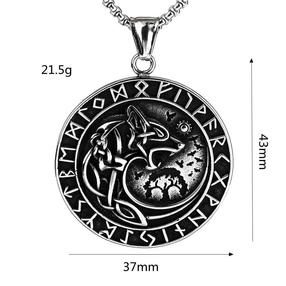 Vintage Stainless Steel Men's Pendant Viking Wolf Head Compass Rune Necklace