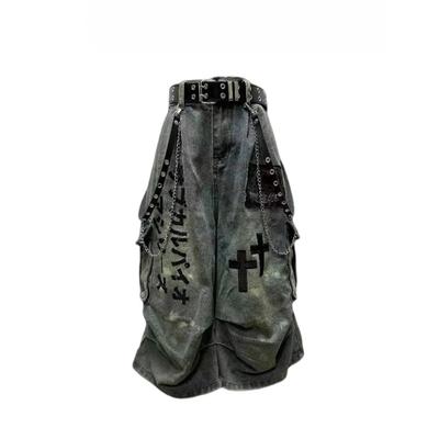 BeatStreet Sommer Damen Goblin Core Cross Denim Jorts Shorts Y2k Wadenlang Jeanshose Trashy Y2K Abi Japanischer Cyberpunk Grunge Unisex