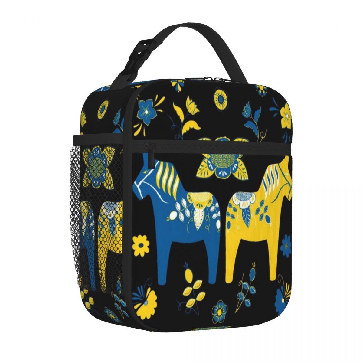 Bestselling Folk Art - Swedish Dala Horses - Blue Yellow Patchwork School Lunch Bag Playground Snack Kids Lunch Bag One Size
