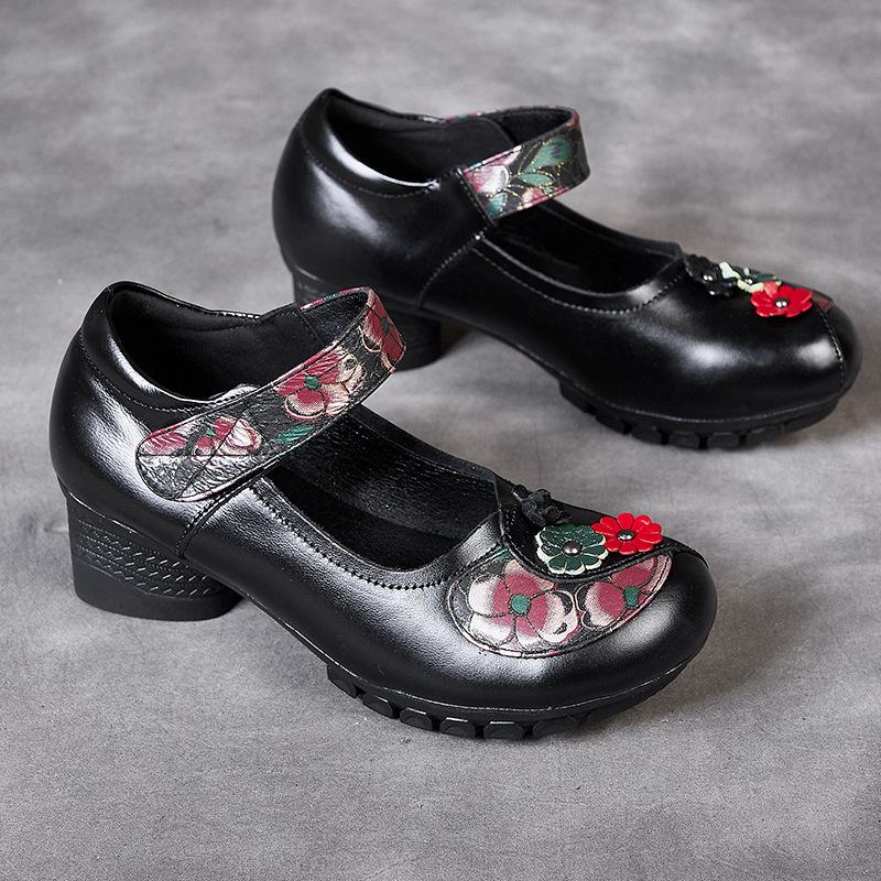 

Этнический стиль Новые весенние и осенние женские туфли из толстой коровьей кожи с мягкой подошвой, одинарные туфли для мам, маленькие кожаные туфли 41 чёрный