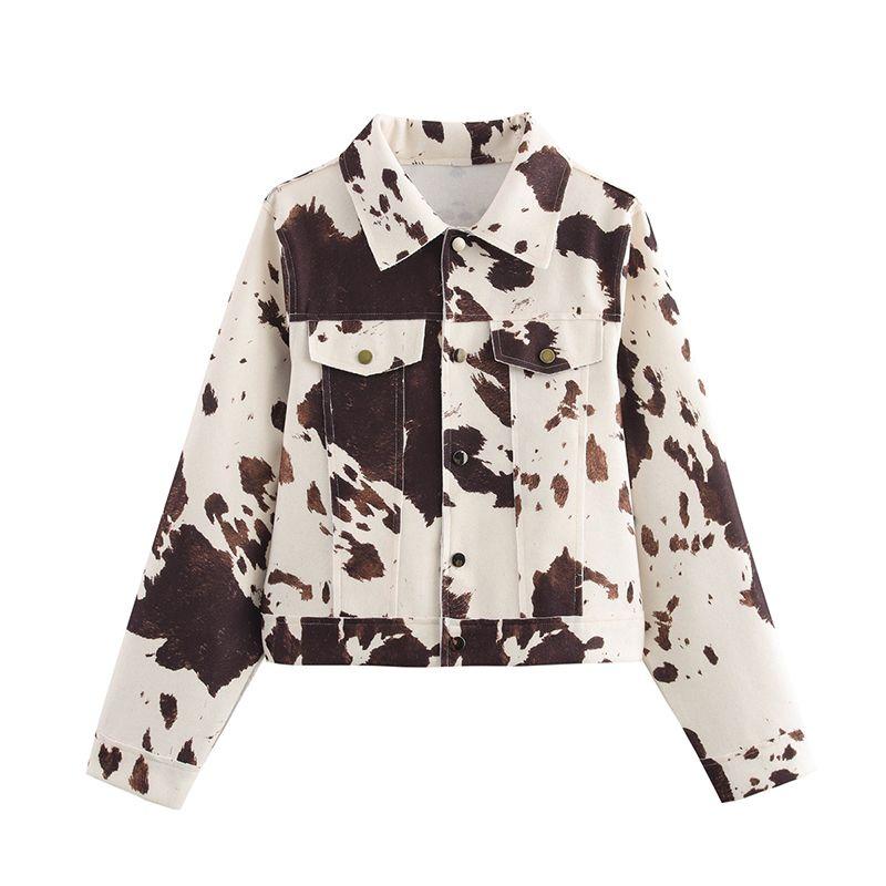 

Chic Fashionable American Retro Sexy Stylish Lapel Breasted Cows Pattern Long Sleeves Loose Short Jacket Brown milk pattern L