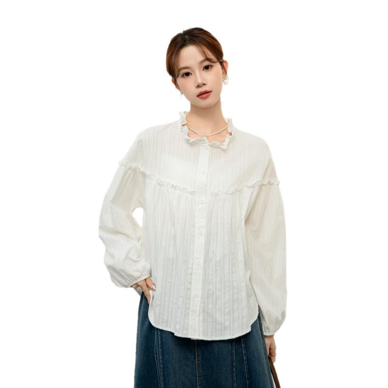Women's White Long Sleeve French Sweet Ruffled Collar Shirt - 2026 Spring/Autumn Solid Color Fashion