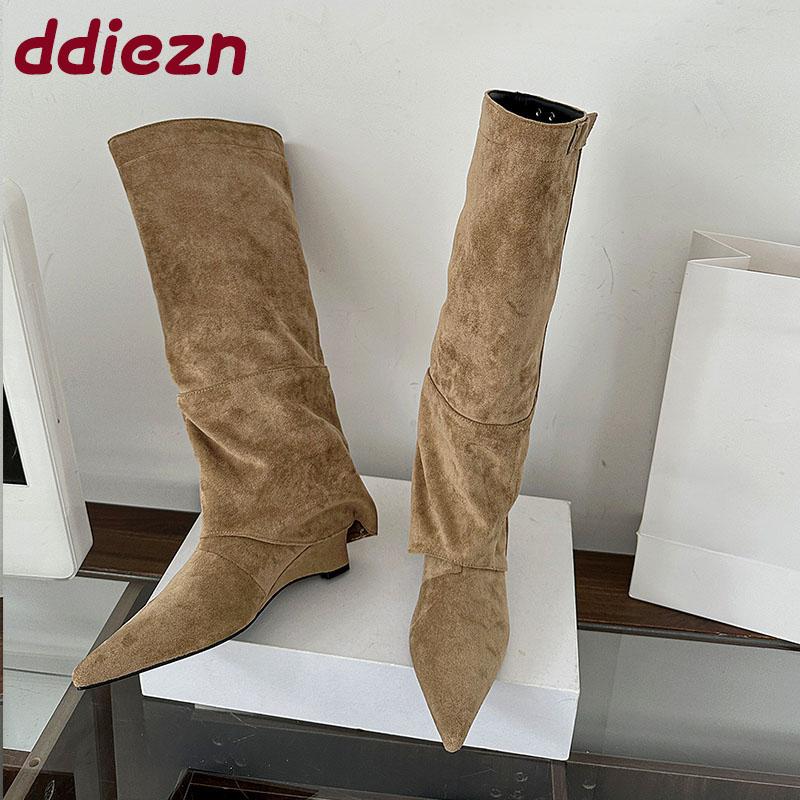 Fashion Pointed Toe Ladies Knee High Modern Boots With Wedges Shoes Fashion Flock Women Long Boots Female Low Heel Shoes Pumps lady