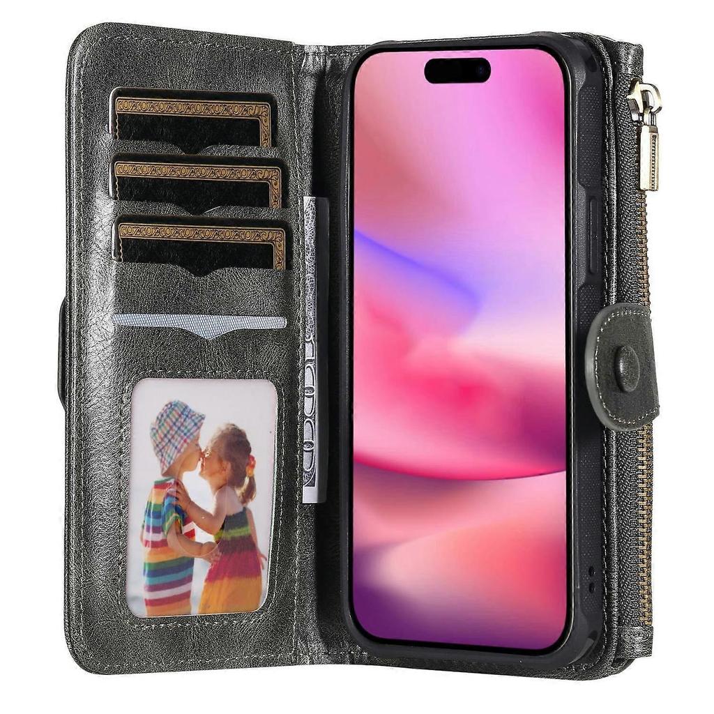 KT Multi-Functional Series-3 For iPhone 16 Phone Case PU Leather Zipper Wallet Detachable Cover - Bl