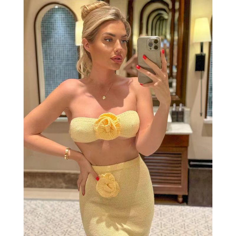 

Fashion Sexy Cutout Knitting Top and Skirt Beach Suit Knitted Top and Skirt Set Yellow M