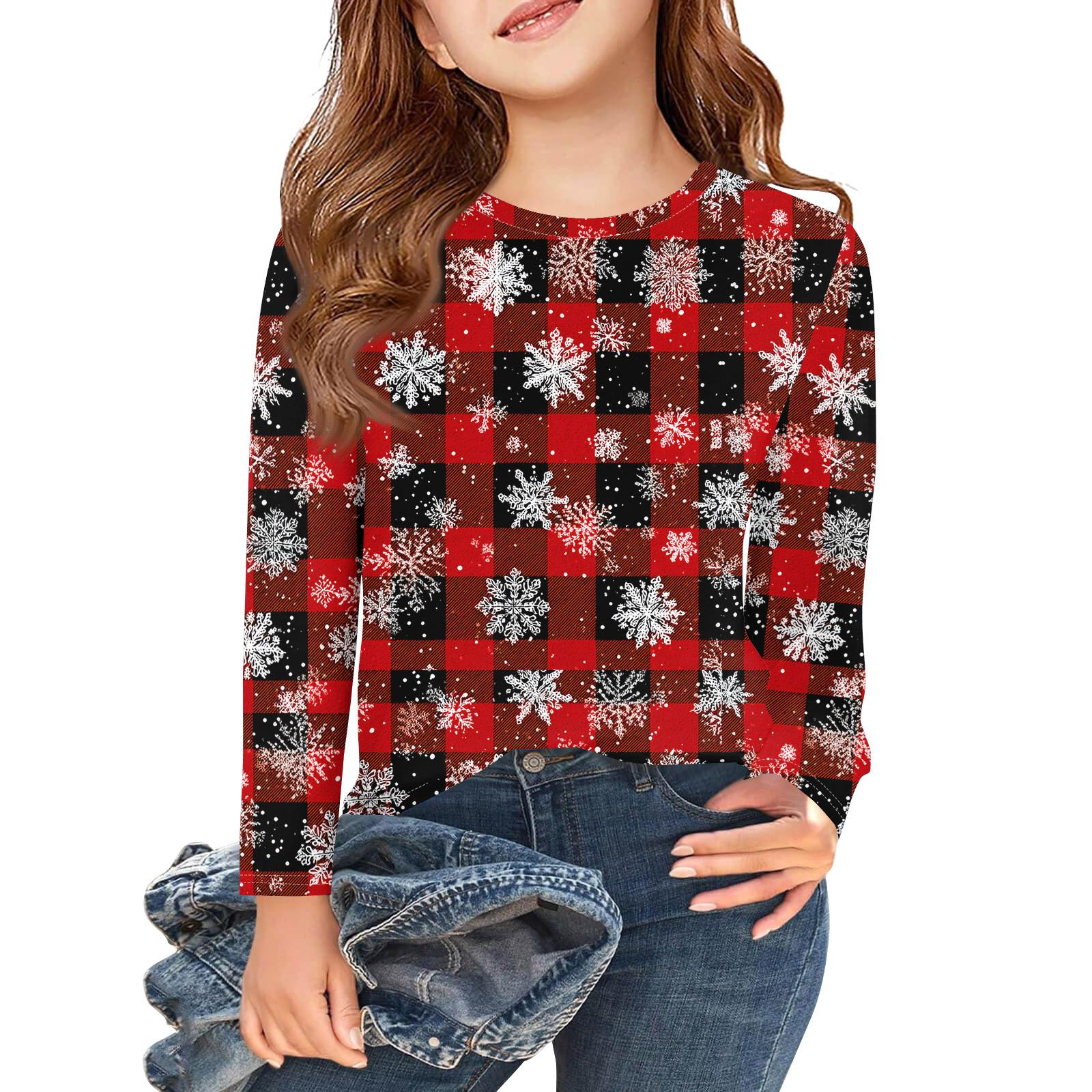 

Рождественские футболки с длинным рукавом для девочек, детские осенние топы с круглым вырезом и принтом, базовые футболки 160 арбуз красный