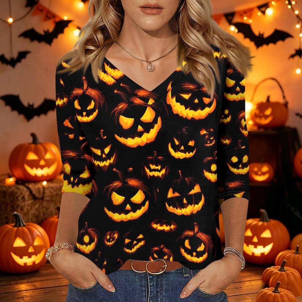 Damen Halloween Print V-Ausschnitt 3/4 Ärmel Lässiges Oberteil Leichter Weicher Stoff Lockere Passform Pulloverhemd für Saisonale Kleidung