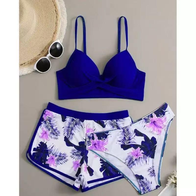 

Swimsuit Femininity Gathered Bikini High-rise Belly-covering Boxer Briefs Three-piece Women S синий