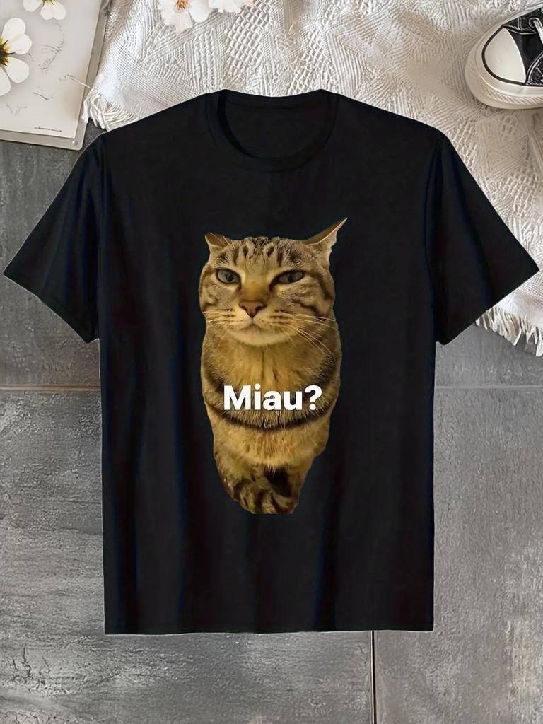 Retro tiger stripe T-shirt for men and women - Soft crew neck T-shirt with short sleeves, tiger stripe print and meow pattern