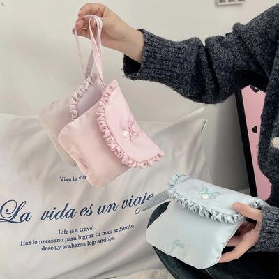 Mini Sac de Rangement Broderie Nœud Multifonctionnel Couleur Unie Sac Serviettes Hygiéniques Portefeuille Pochette Voyage