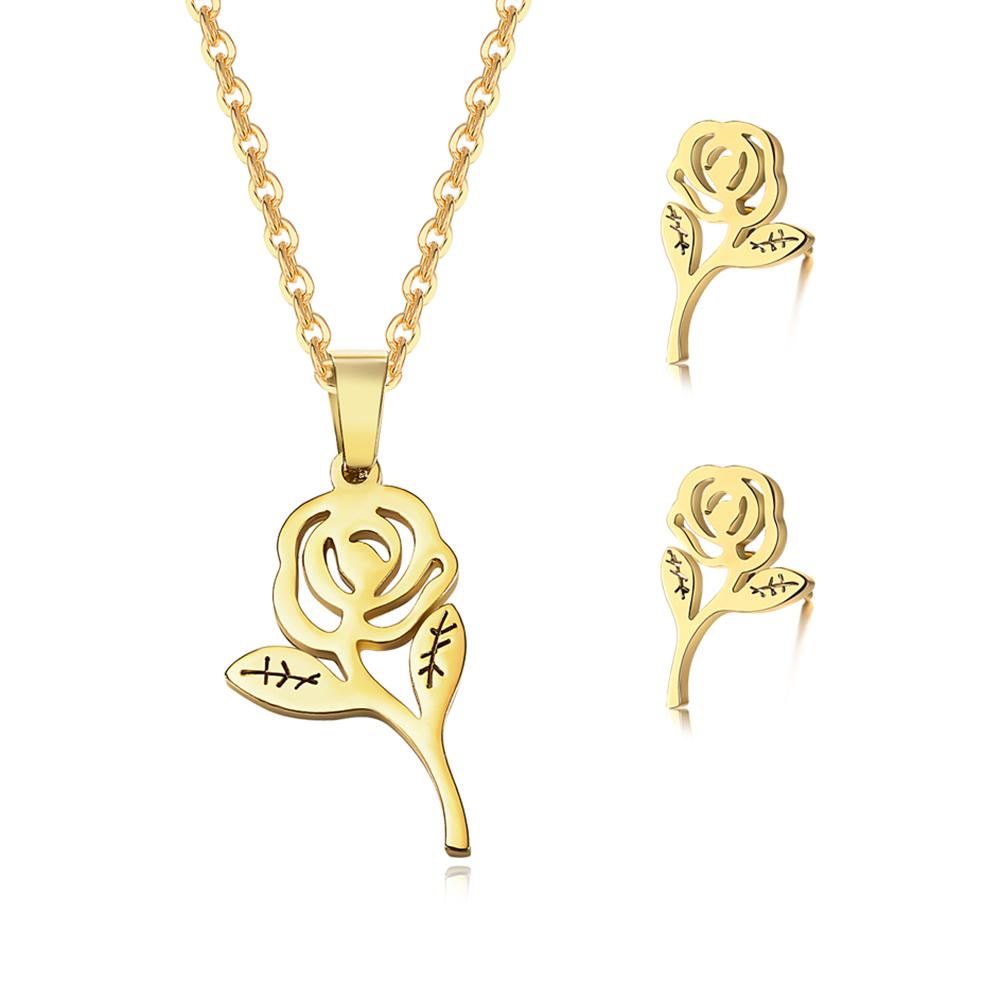 

Gorgeous Women Rose Flower Ornament Set Necklace & Ear Stud Festival Birthday Gift Photo Props Golden #1