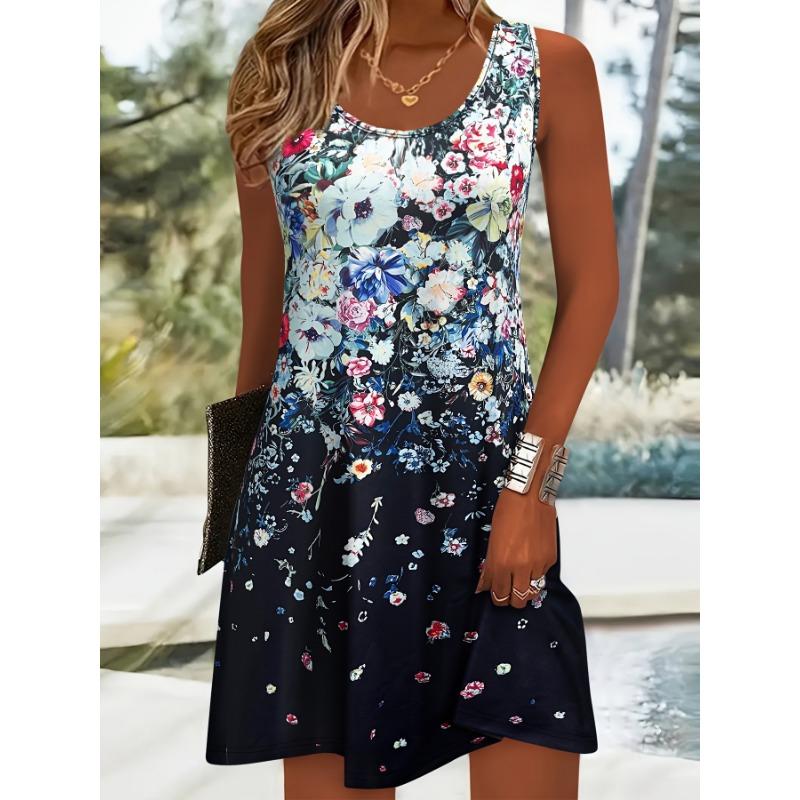 Robe d'été sans manches à imprimé floral, robe de mode à col rond, ample, décontractée, simple, florale, élégante, trapèze, courte, pour soirée, vêtements de femme douce