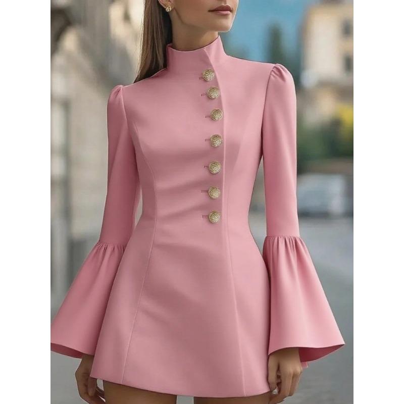 

Женские платья-костюмы осеннего стиля, приталенного кроя, однотонные, со стойкой и расклешенными рукавами XXL розовый