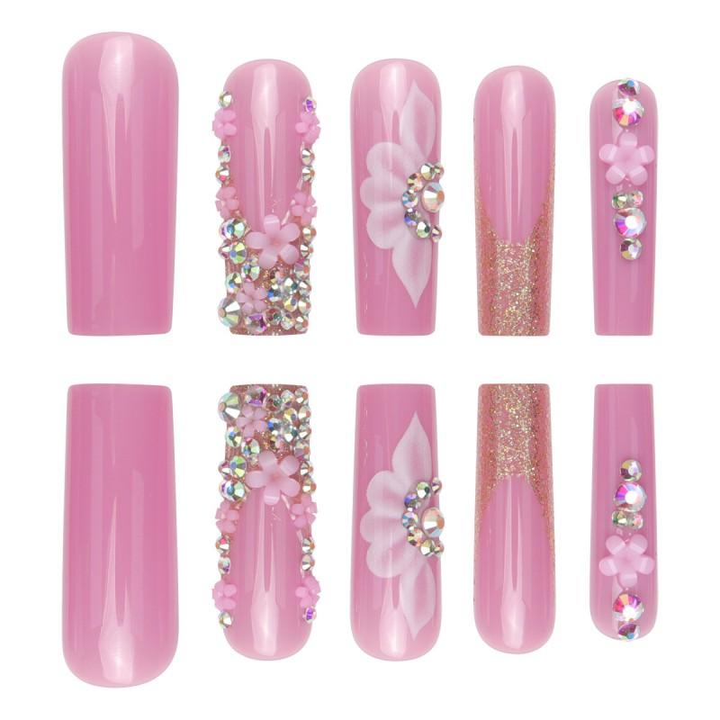 Long Press-On Nail Tips Women - Removable Acrylic Art Set Sweet Style Gel Glue Jelly Adhesive Options