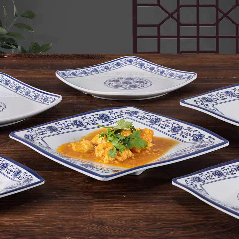 Melamine Blue & White Porcelain Square Plate for Hotels & Restaurants - Stir-Fry, Fast Food, Cold Dishes, Rice Bowl, Commercial Use.