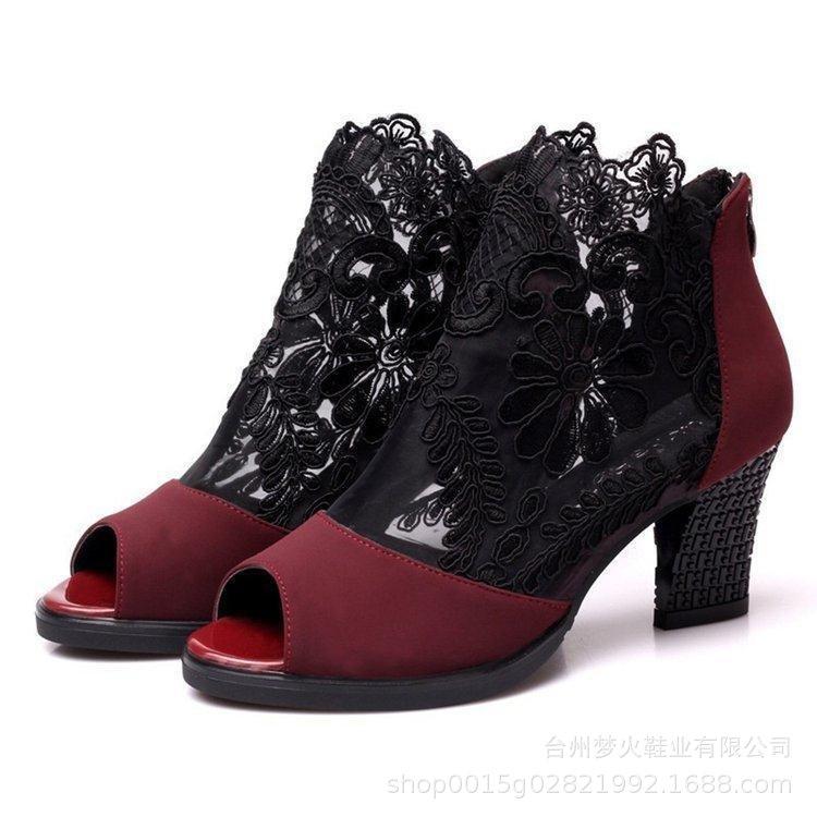 Mesh high heels women's shoes thick heel lace fish mouth sandals