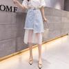 New Splicing Colored Mesh Denim Skirts Ragged Edge Irregular Denim Women's Skirts Mid Length Asymmetric Wrapped Hip Skirt