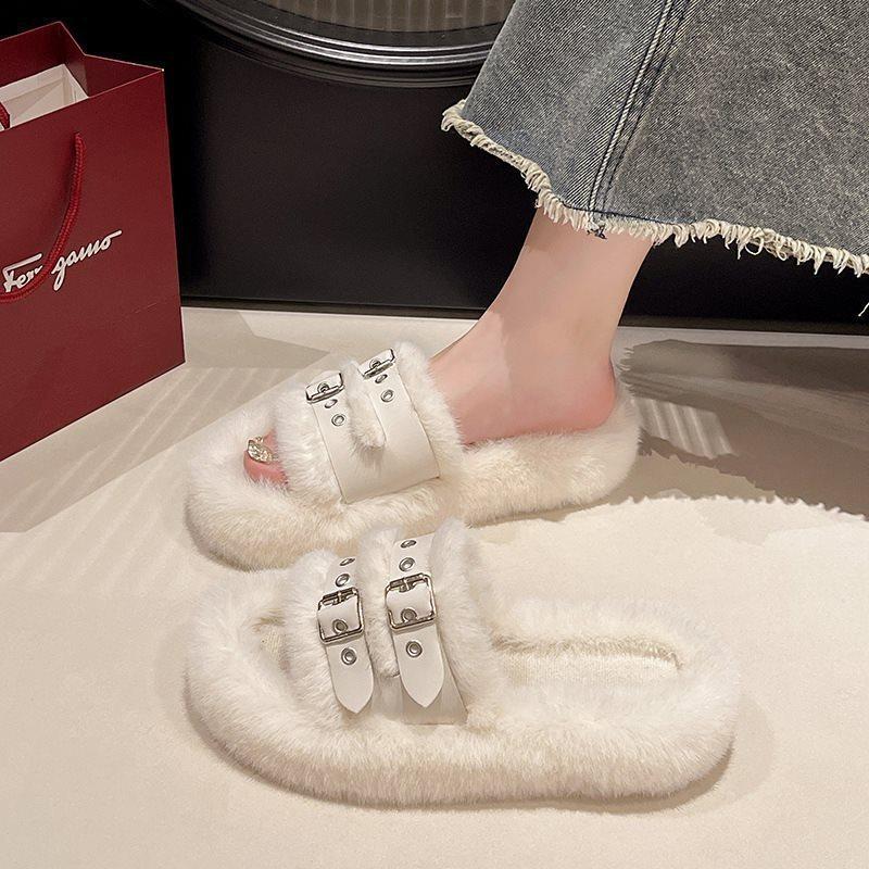 Mao Mao Soft-soled Slippers Wear Women's New Stepping Feeling Versatile Shit Light Luxury Autumn and Winter Fashion Black Thick Bottom Lightweight 202