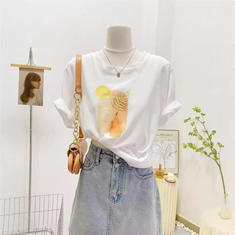 

Women s Yellow Vase Print T-Shirt Short Sleeve Casual Loose Fit Summer Top S білий