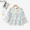 ZANZEA Women Casual Round Neck 3/4 Sleeve Loose Floral Blouse