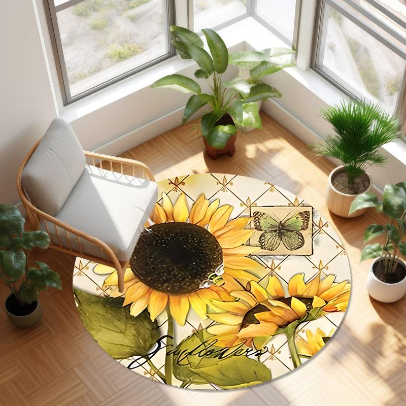 Sunflower Round Carpet Retro Farmhouse Home Decor Carpet Living Room Bedroom Floor Decor Mat Soft Non-slip Circle Rug