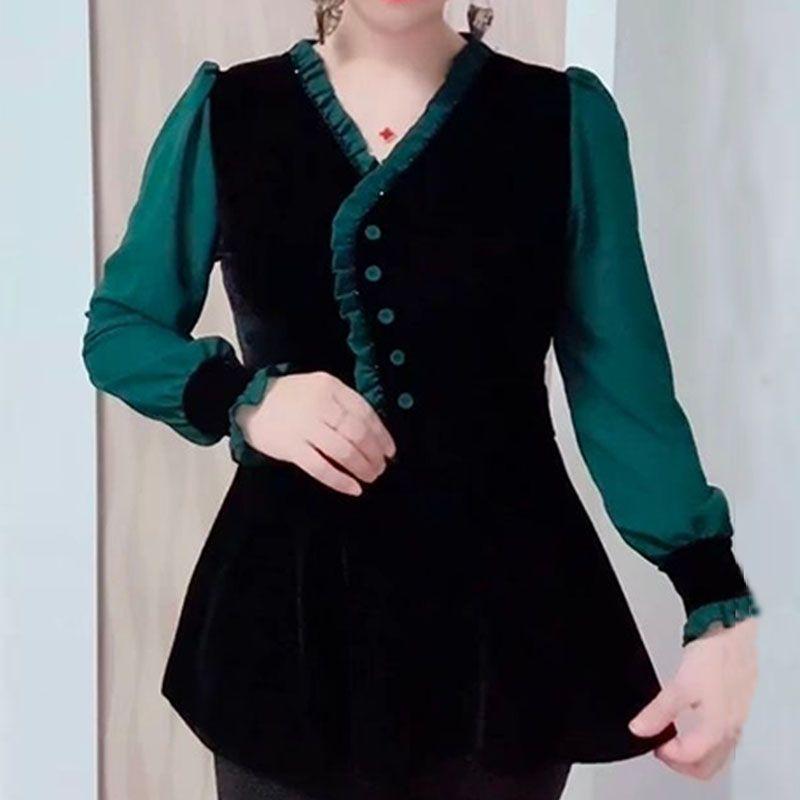 

Нова футболка з V-подібним вирізом та рукавами, оздобленими оборками, для жінок, з приталеним силуетом, що підкреслює фігуру, топ із золотого велюру 4XL зелений