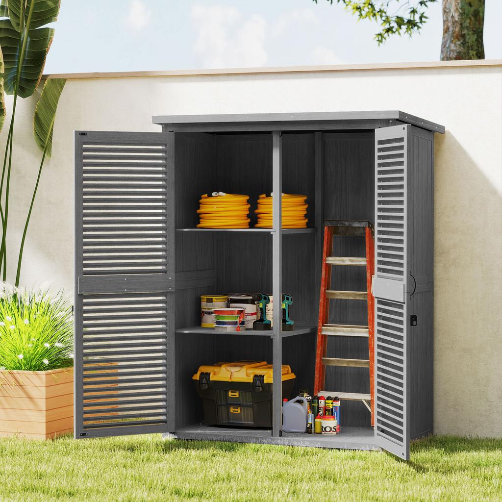 Garden Cabinet 0.83 M² 127x65x168 Cm With 2 Shutter Doors 2 Shelves 2 Handles And Waterproof Roof Gray