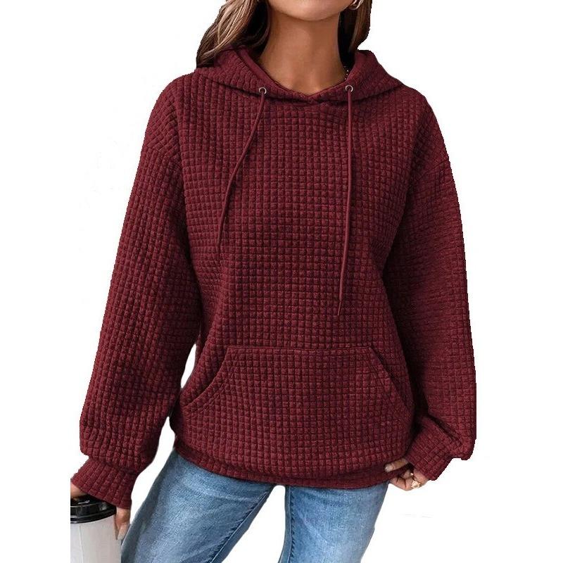 Color Block Waffle Drawstring Hoodie, Casual Long Sleeve Pocket Sweatshirt, Women's Clothing