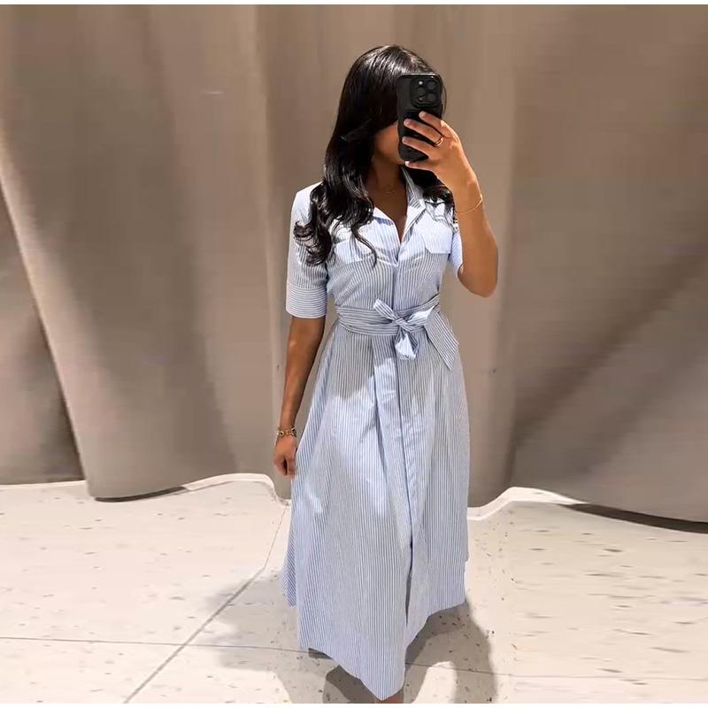 Women's Collar Tied Striped Dress for Daily Wear Blue Striped Fresh Style Summer New Temperament Style Belt Decoration Women's Leisure Dress