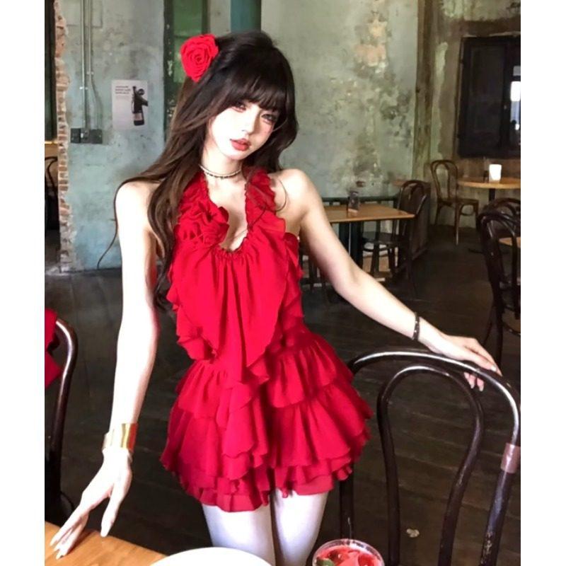 3D Flower Halter Top & Red Skirt Set - Women s Unique Summer Two-Piece X-Large